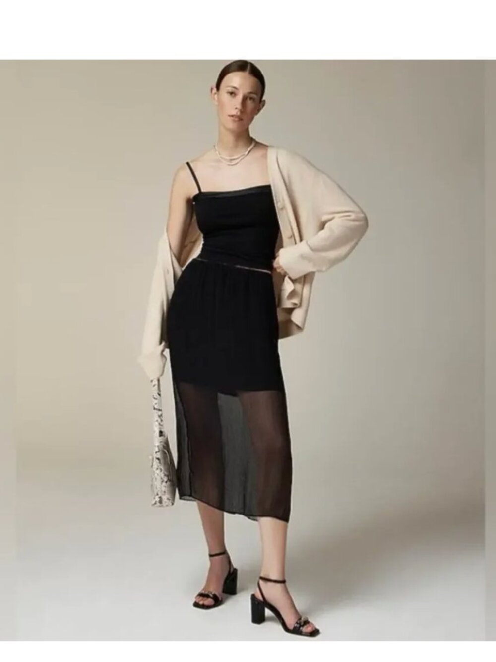 J. Crew Black Gwyneth Layered Slip Midi Skirt in Crinkle Chiffon NWT